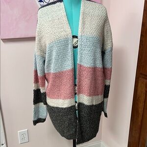Hem & Thread Bouclé Open-Front Striped Cardigan in Pink, Blue, Cream, Charcoal
